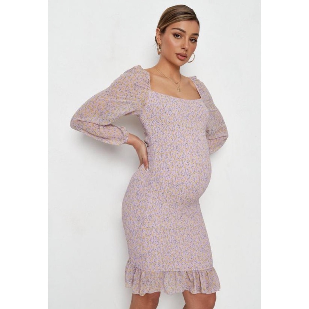 Missguided Maternity - lilac floral print shirred mini dress